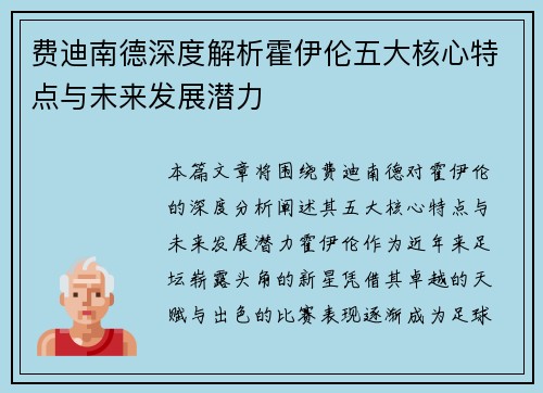 费迪南德深度解析霍伊伦五大核心特点与未来发展潜力