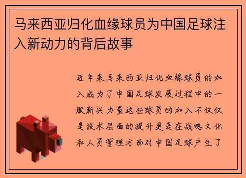 马来西亚归化血缘球员为中国足球注入新动力的背后故事 马来西亚归化血缘球员为中国足球注入新动力的背后故事